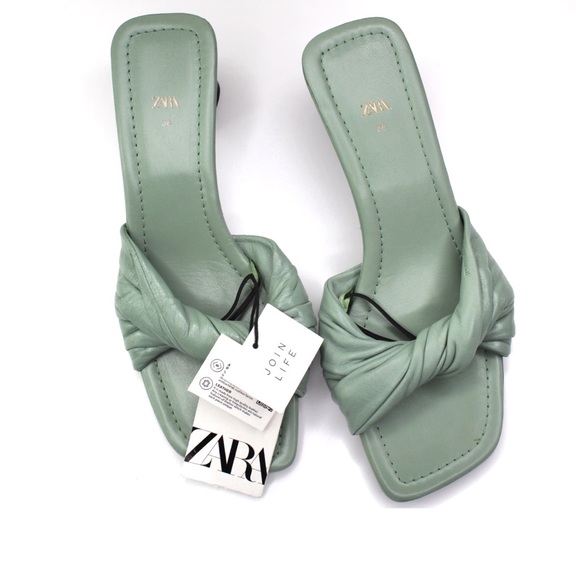 Zara New Knotted Heeled Leather Sandals 7.5 / 38 Seafoam Green NWT - Picture 11 of 16